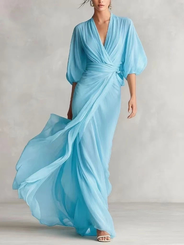 Deep V-neck raglan lantern sleeves cinched waist long dress