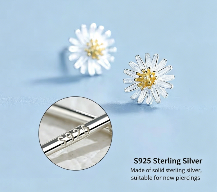 Boucles d'oreilles clous en argent sterling 925 avec marguerites pour femmes