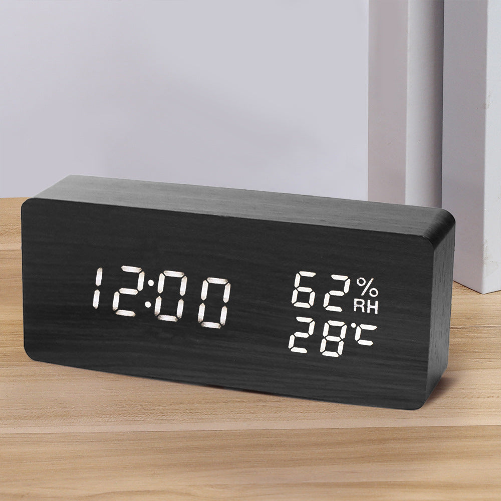 Horloge en bois PVC multifonctionnelle avec réveil, horloge LED, thermomètre, horloge numérique, réveil électronique de chevet pour étudiant avec veilleuse.