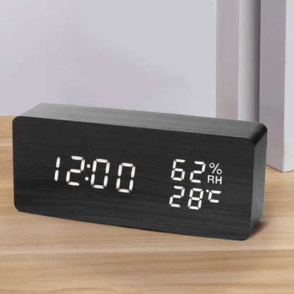 Horloge en bois PVC multifonctionnelle avec réveil, horloge LED, thermomètre, horloge numérique, réveil électronique de chevet pour étudiant avec veilleuse.