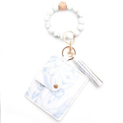 Colorful Silicone Bead Bracelet Card Holder PU Tassel Women's Wallet Keychain Silicone Beaded Bracelet