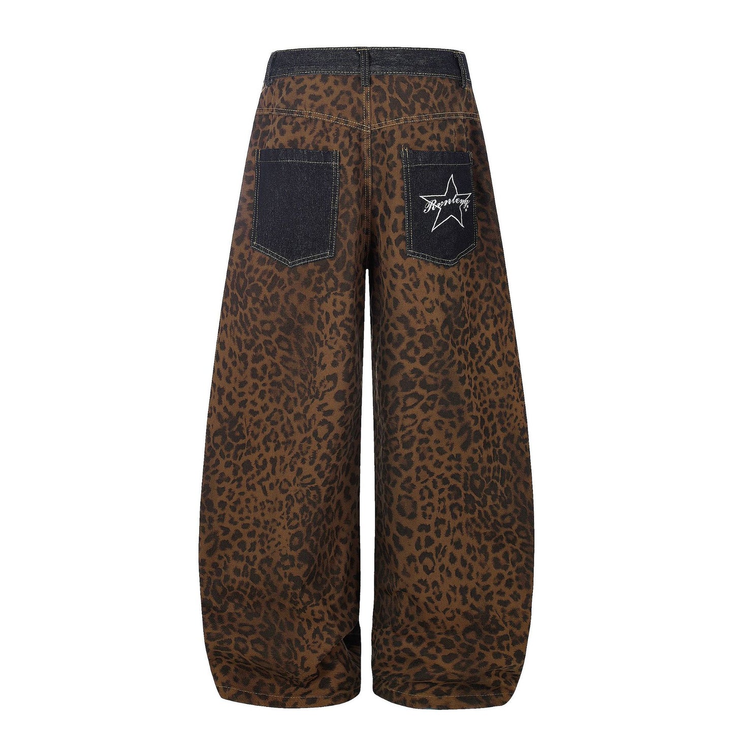 Leopard Print Patchwork Jeans Unisex High Waist Slimming Versatile Floor-Length Trousers