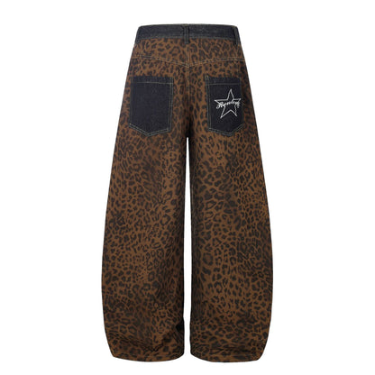 Leopard Print Patchwork Jeans Unisex High Waist Slimming Versatile Floor-Length Trousers