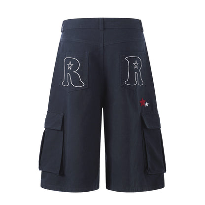 Star Embroidery Cargo Shorts Unisex Loose Wide Leg Multi-pocket Casual Mid-length Shorts