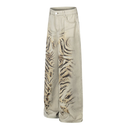 Print Distressed Denim Pants Unisex Loose Wide Leg High Street Trendy Straight Leg Floor-Length Trousers