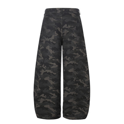Camouflage Cargo Knife-Style Denim Pants, Unisex, Loose Wide-Leg