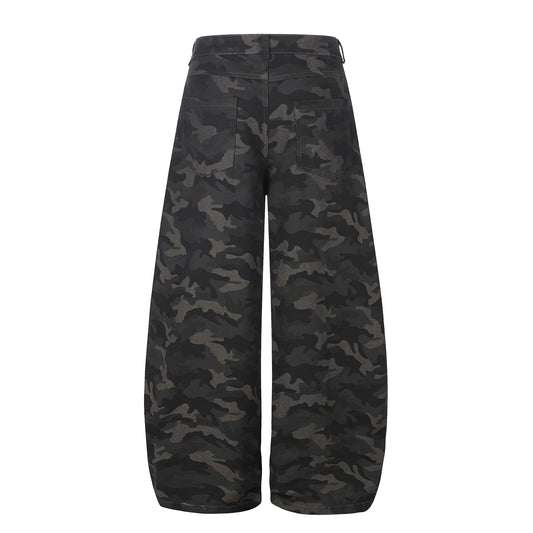 Camouflage Cargo Knife-Style Denim Pants, Unisex, Loose Wide-Leg