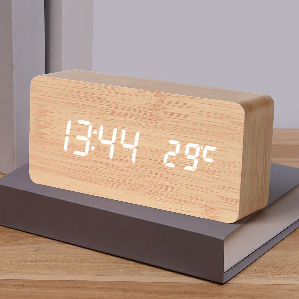 Horloge en bois PVC multifonctionnelle avec réveil, horloge LED, thermomètre, horloge numérique, réveil électronique de chevet pour étudiant avec veilleuse.