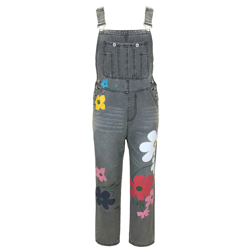 Jean imprimé à bretelles non élastiques et pantalon long droit