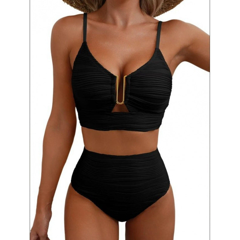 Maillot de bain deux pièces avec boucle métallique, de couleur unie, froncé et taille haute