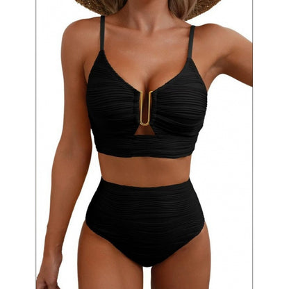 Maillot de bain deux pièces avec boucle métallique, de couleur unie, froncé et taille haute