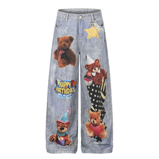 Bear Print Denim Pants Unisex Loose Wide Leg Washed Distressed Streetwear Straight Leg Long Pants