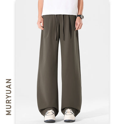 Vintage Pleated Slim Trousers for Men, Loose Mid-Waist Casual Long Pants