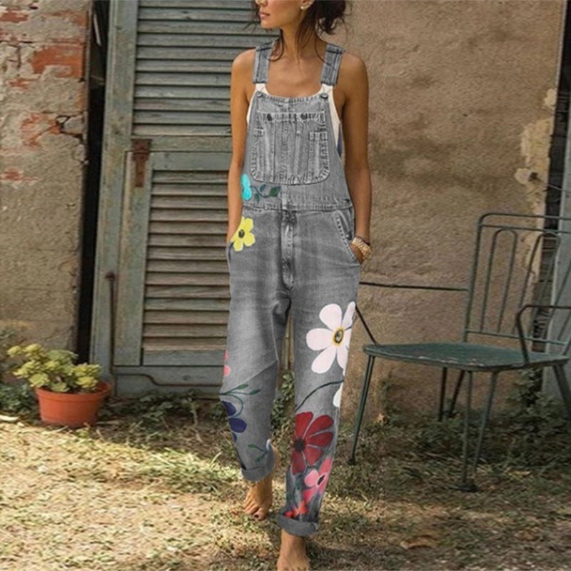 Jean imprimé à bretelles non élastiques et pantalon long droit