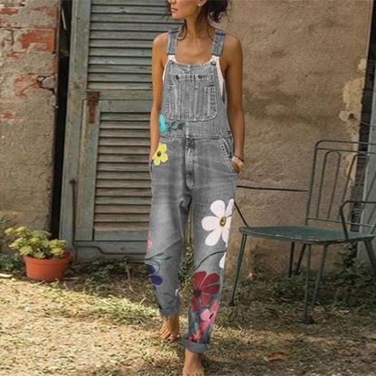 Jean imprimé à bretelles non élastiques et pantalon long droit