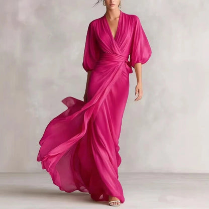 Deep V-neck raglan lantern sleeves cinched waist long dress