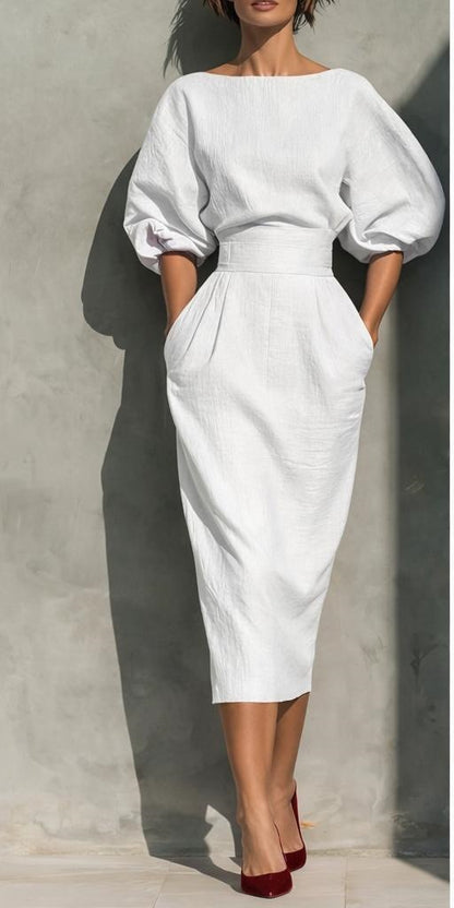 Ship collar A-line skirt shoulder bubble sleeve top high waist pleated half skirt
