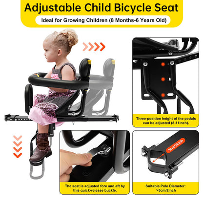 Heavy Duty Front Bicycle Child Seat - Supports 35kg - Adjustable Kids Bike Seat with 3-Point Safety Belt & Non-Slip Pedals