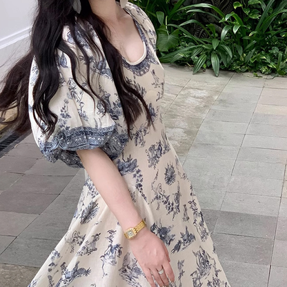 Blue and White Botanical Print V-Neck Irregular Linen-Like Dress