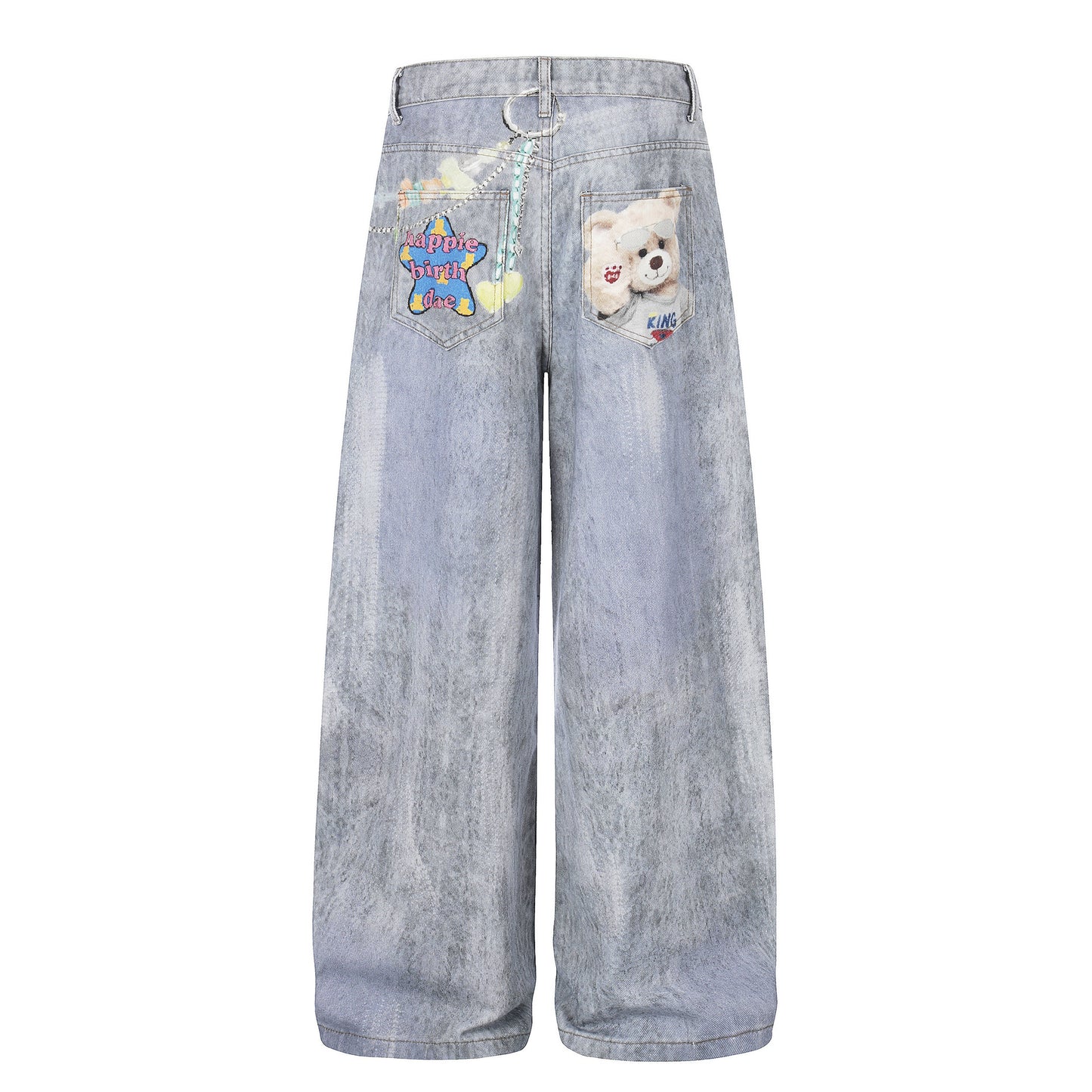 Bear Print Denim Pants Unisex Loose Wide Leg Washed Distressed Streetwear Straight Leg Long Pants