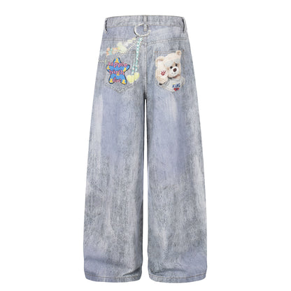 Bear Print Denim Pants Unisex Loose Wide Leg Washed Distressed Streetwear Straight Leg Long Pants