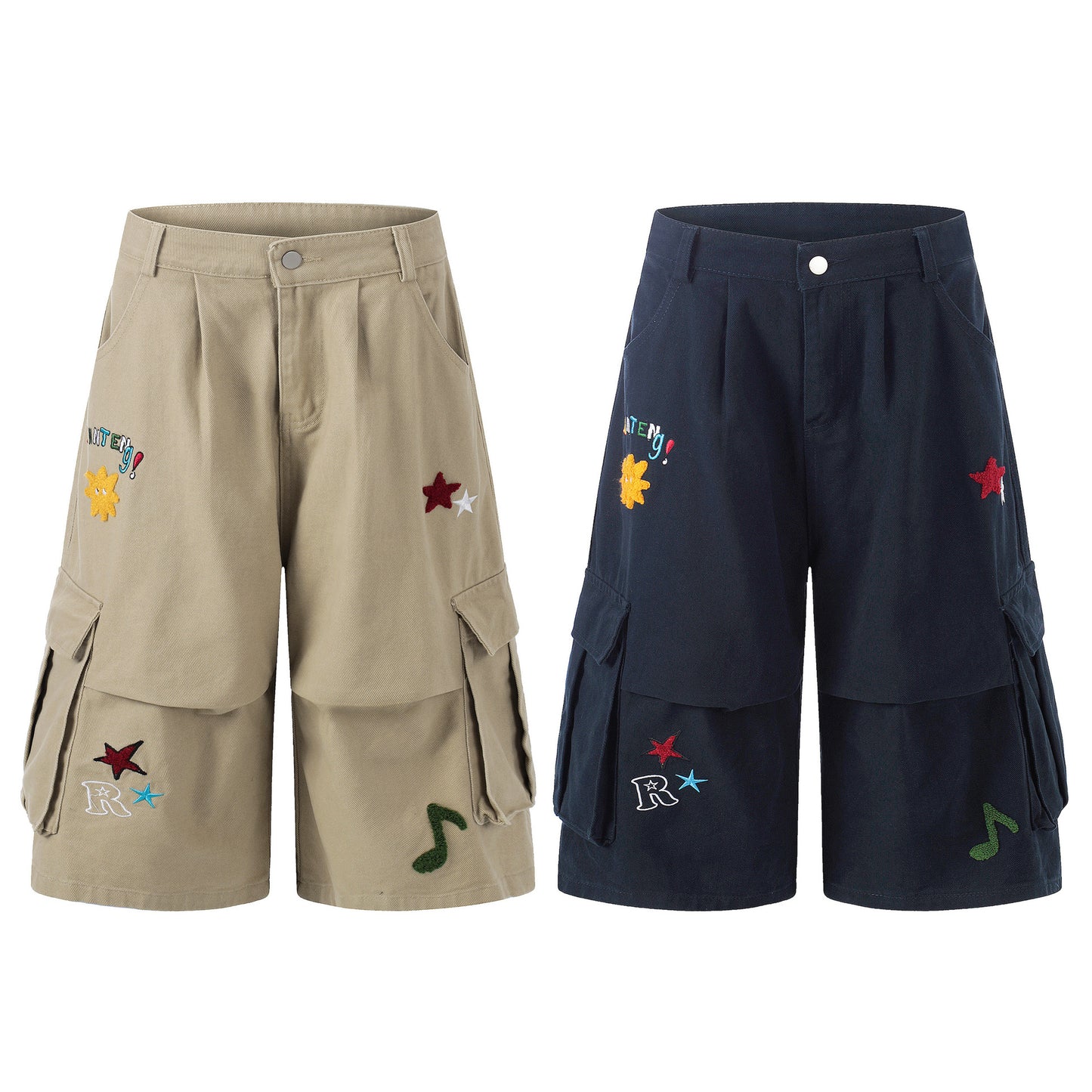 Star Embroidery Cargo Shorts Unisex Loose Wide Leg Multi-pocket Casual Mid-length Shorts