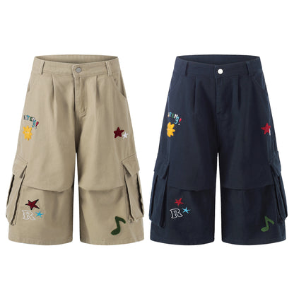 Star Embroidery Cargo Shorts Unisex Loose Wide Leg Multi-pocket Casual Mid-length Shorts