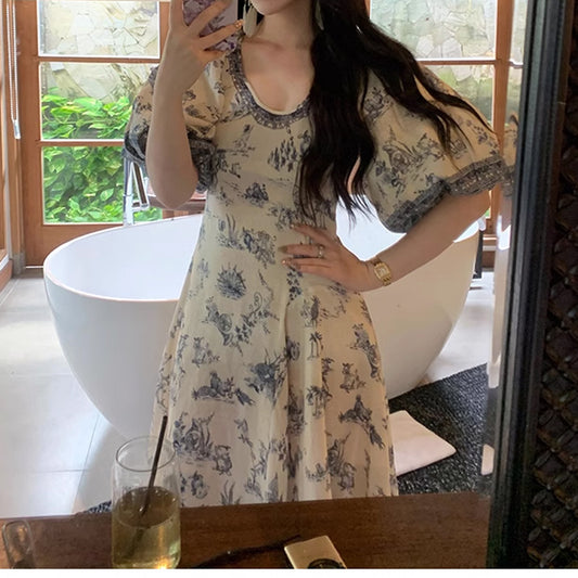 Blue and White Botanical Print V-Neck Irregular Linen-Like Dress