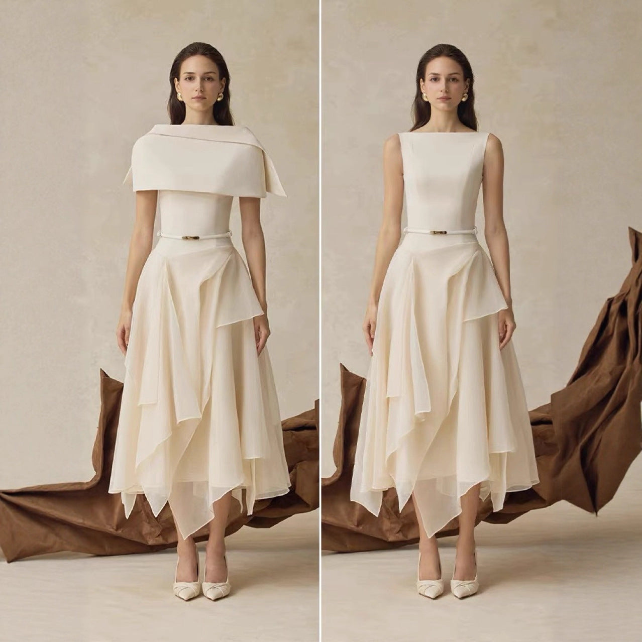 Waist Cinched Dress with Cape Two-Piece Set Long Dress