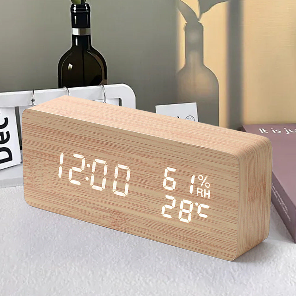 Horloge en bois PVC multifonctionnelle avec réveil, horloge LED, thermomètre, horloge numérique, réveil électronique de chevet pour étudiant avec veilleuse.