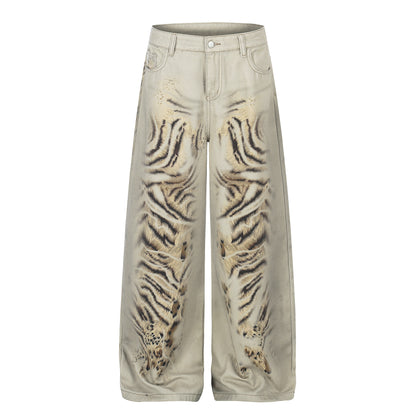 Print Distressed Denim Pants Unisex Loose Wide Leg High Street Trendy Straight Leg Floor-Length Trousers