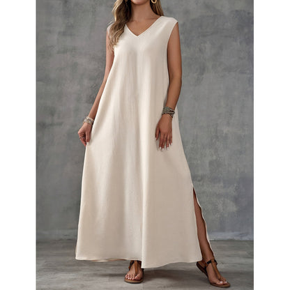 Elegant Long Dress Sleeveless V-Neck Side Slit Midi Dress  Dress