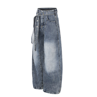 Washed White Cross Waist Belt Design Jeans Unisex Loose Wide Leg Knife-Edge Floor-Length Pants