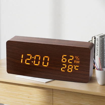 Horloge en bois PVC multifonctionnelle avec réveil, horloge LED, thermomètre, horloge numérique, réveil électronique de chevet pour étudiant avec veilleuse.