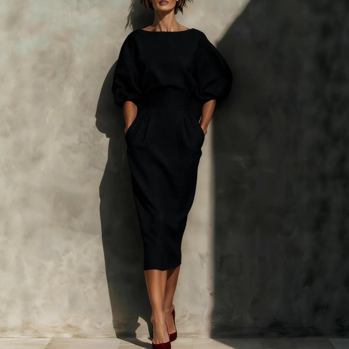 Ship collar A-line skirt shoulder bubble sleeve top high waist pleated half skirt