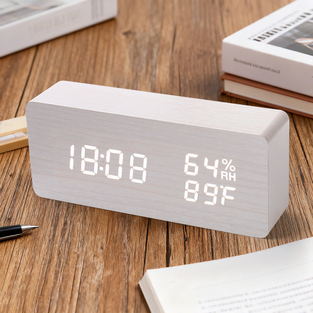 Horloge en bois PVC multifonctionnelle avec réveil, horloge LED, thermomètre, horloge numérique, réveil électronique de chevet pour étudiant avec veilleuse.