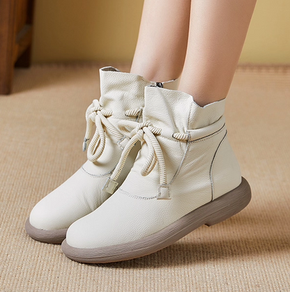 Bottes en cuir chaudes en laine, Hiver, Épaissies de coton, Plates, Antidérapantes, Semelle souple, Basses