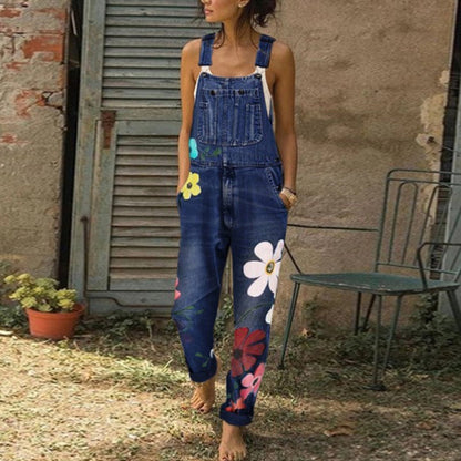 Jean imprimé à bretelles non élastiques et pantalon long droit