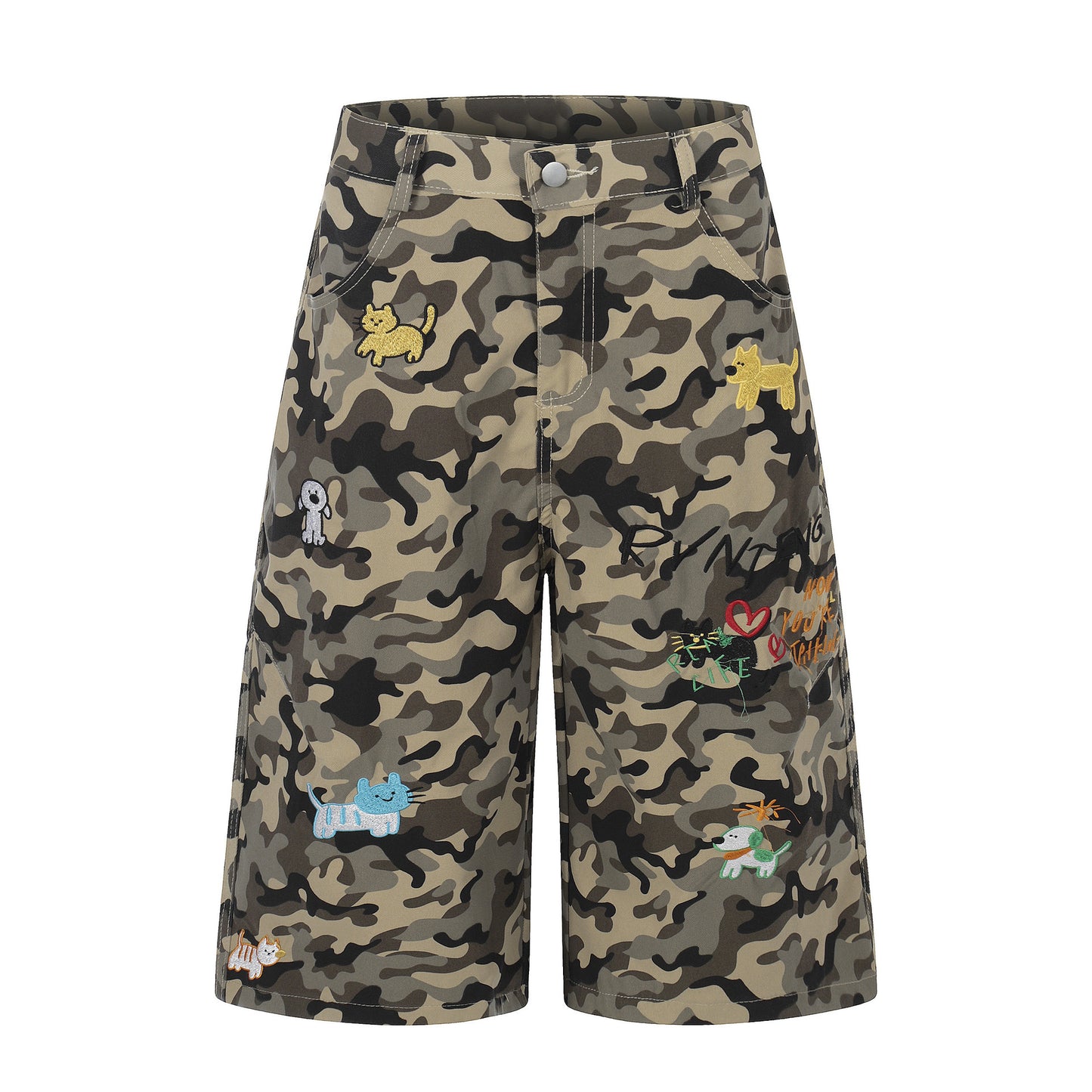 Camouflage Cartoon Embroidery Cropped Pants Unisex Loose Wide Leg Streetwear Mid-Length Pants