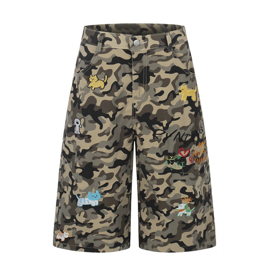 Camouflage Cartoon Embroidery Cropped Pants Unisex Loose Wide Leg Streetwear Mid-Length Pants
