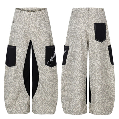 Color-Blocking Pocket Design Loose Straight Leg Wide Leg Versatile Floor-Length Trousers