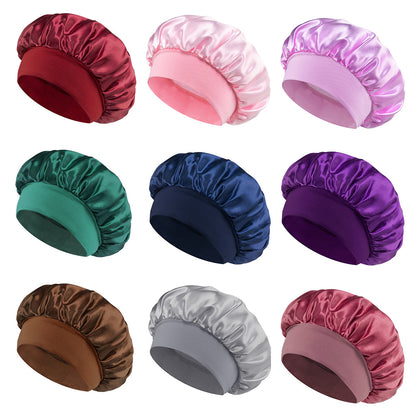 Solid Color Bath Cap Adult Fashion Satin Wide Brim Sleep Cap for Women Chemotherapy Hair Care