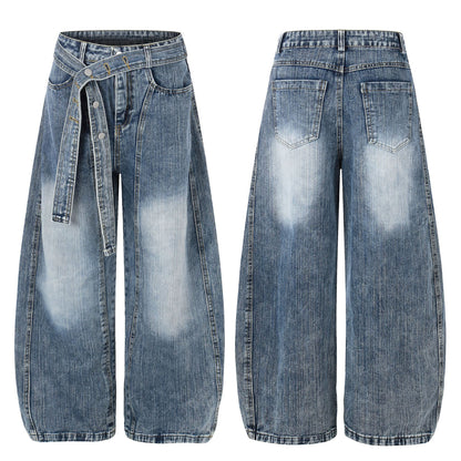 Washed White Cross Waist Belt Design Jeans Unisex Loose Wide Leg Knife-Edge Floor-Length Pants