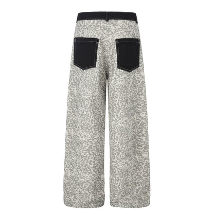 Pantalon en jean imprimé léopard patchwork unisexe, coupe droite ample, jambes larges, longueur longue.