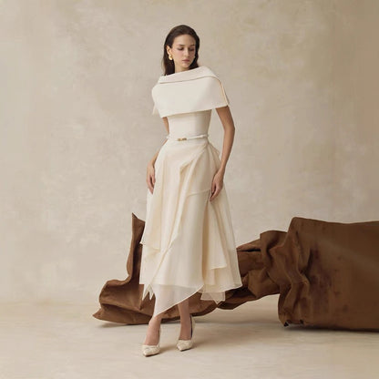 Waist Cinched Dress with Cape Two-Piece Set Long Dress