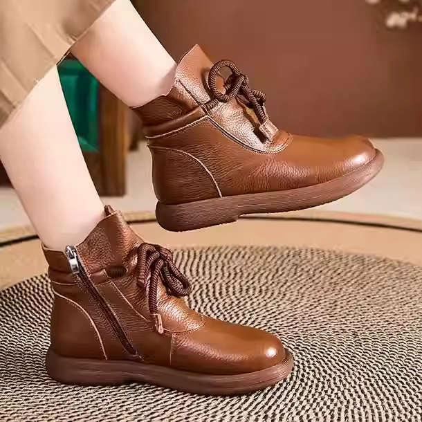 Bottes en cuir chaudes en laine, Hiver, Épaissies de coton, Plates, Antidérapantes, Semelle souple, Basses