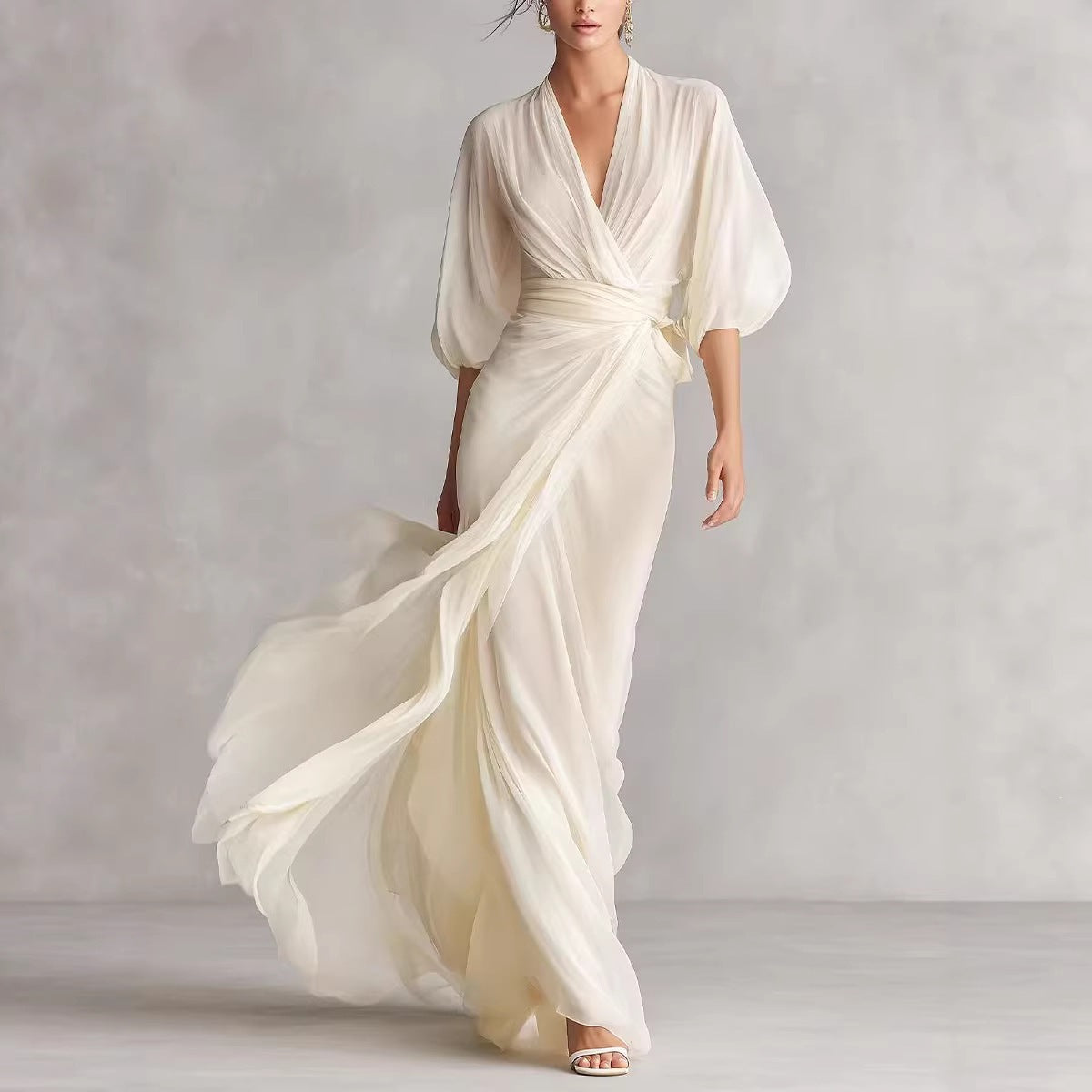 Deep V-neck raglan lantern sleeves cinched waist long dress
