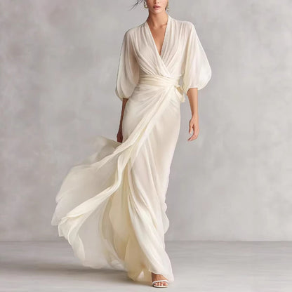 Deep V-neck raglan lantern sleeves cinched waist long dress