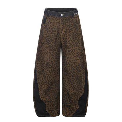 Leopard Print Patchwork Jeans Unisex High Waist Slimming Versatile Floor-Length Trousers