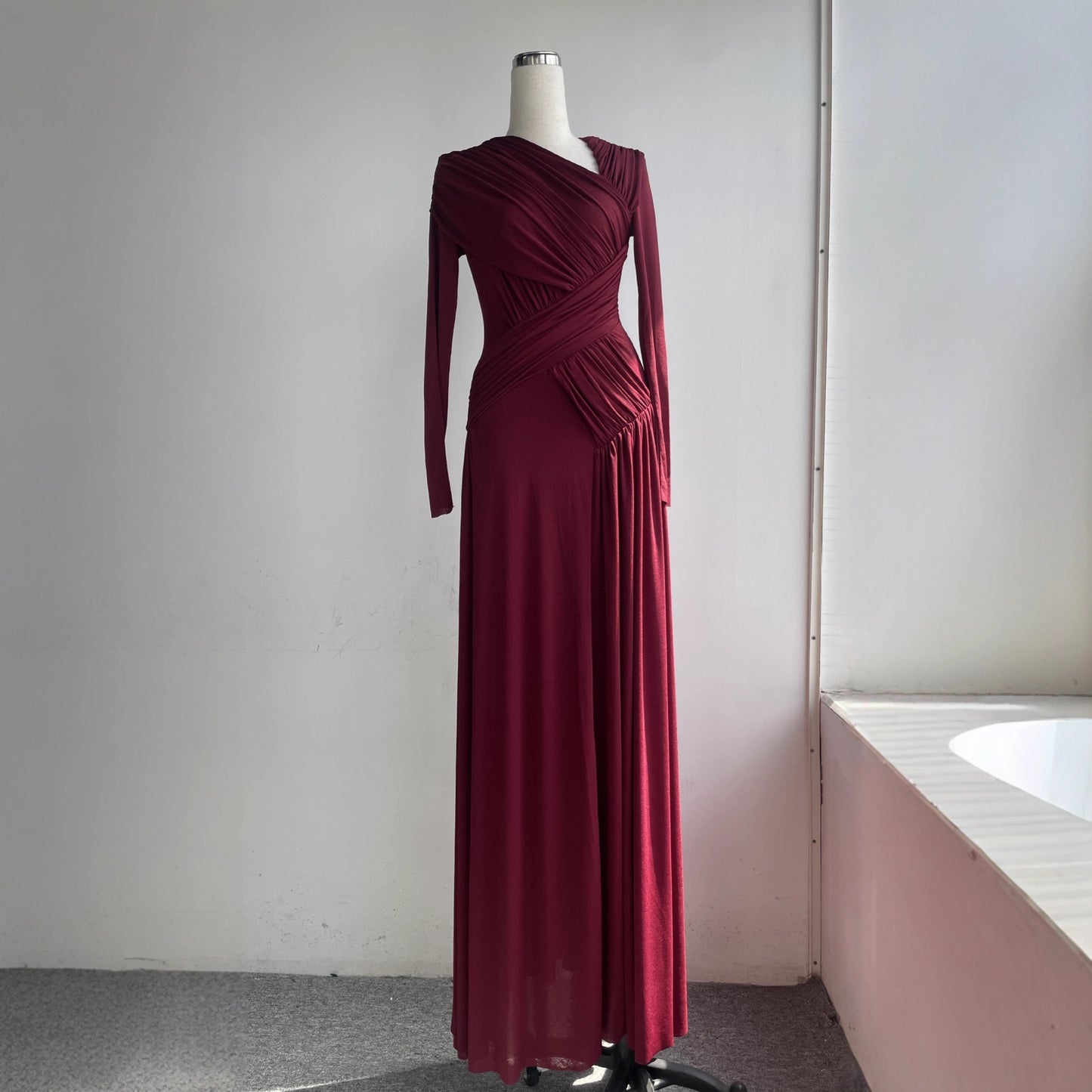 Pleated Long Sleeve Maxi Dress with Unique Design, Floor-Length Formal Gown